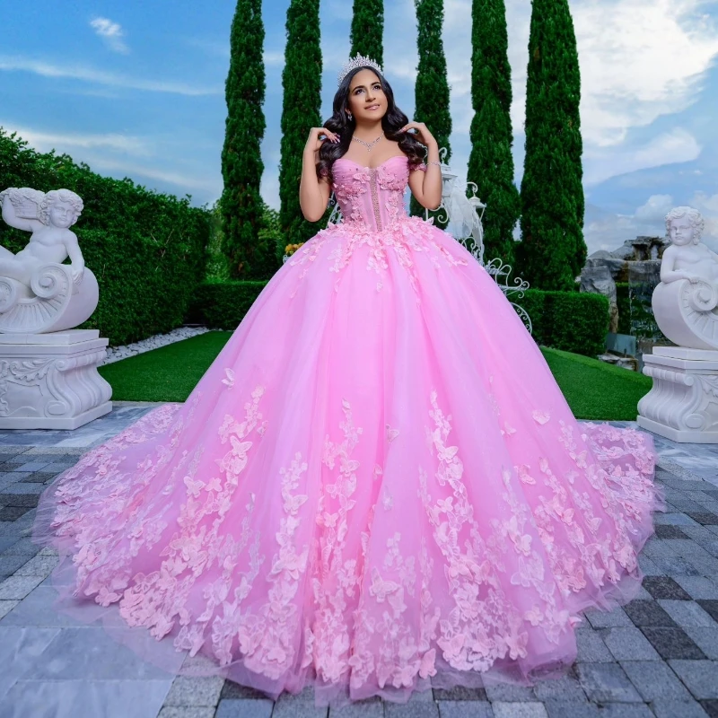 

Luxury Pink Shiny Quinceanera Dresses Off The Shoulder Bow Beading Crystal Tull Corset Ball Gown Sweet 16 Vestidos De 15 Anos