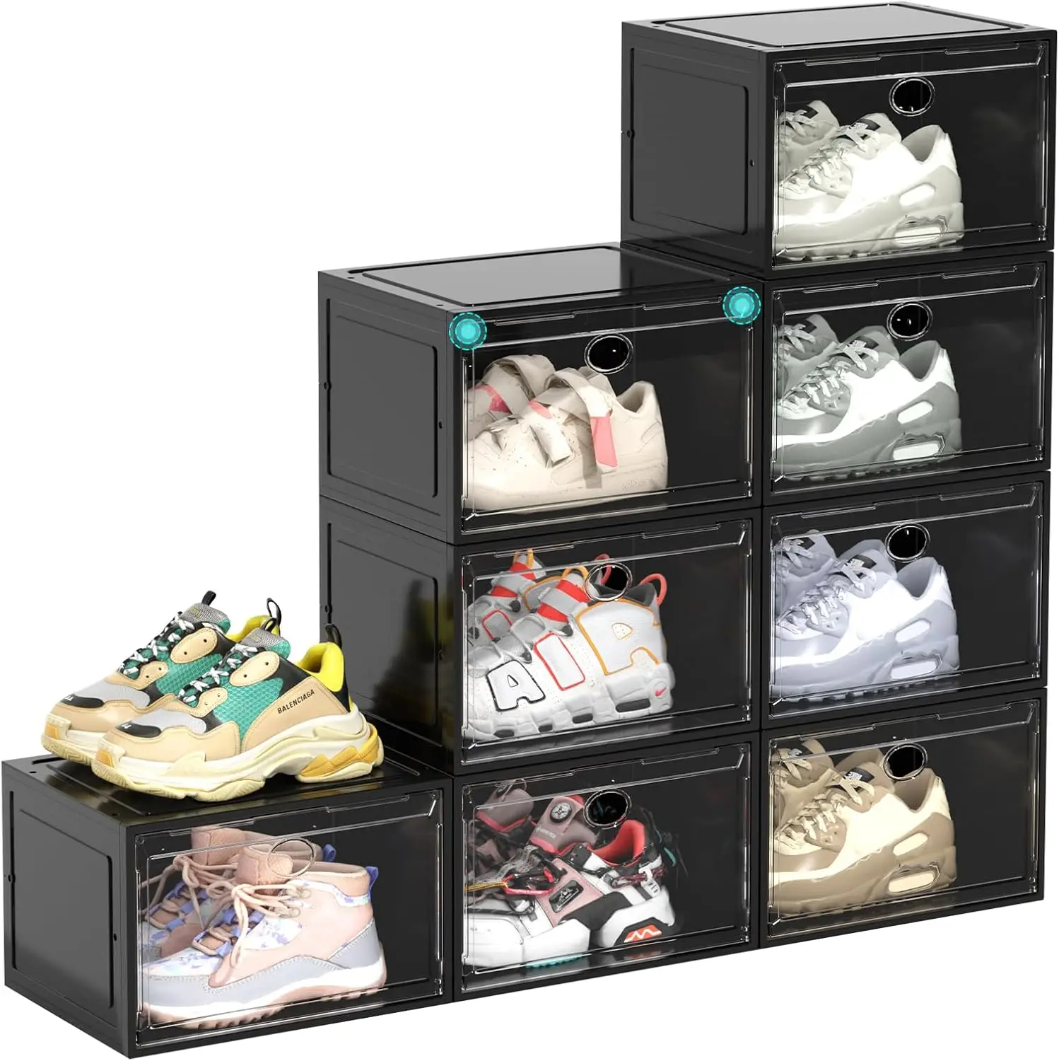 8 Pack Clear Shoe Storage Boxes Stackable, Shoe Organizer For Closet, Plastic Shoe Boxes With Lids Suit Size 13(8 Pack Black)