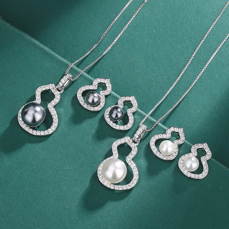 

New Style Gourd Gemstone Earrings Necklace Set Tahitian Deep Sea Pearl Choker Chain S925 Silver Pearl Earrings