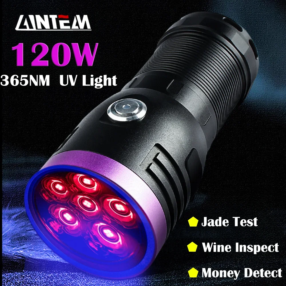 120W 6pcs 4-CORE 365NM UV Flashlight High Power Black Mirror Purple light Detection Torch Type-C Rechargeable Lantern use 18650