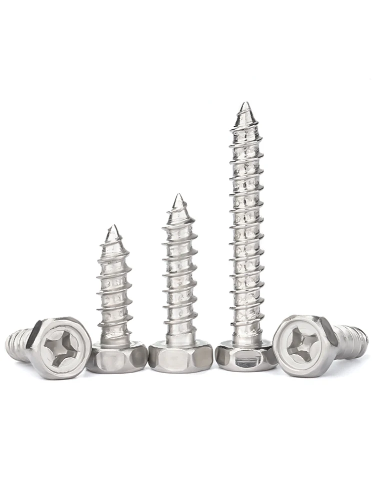 M4M5M6M8 304 Stainless Steel Recessed Cross Outer Hexagonal Self-tapping Screws Wood Screws Lengthened Tornillos Para Madera