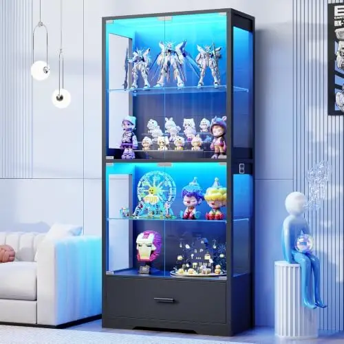Display Cabinet with Glass Doors, 4-Tier Curio Cabinet with Drawer for Collectibles, Display Case with 3-Color Lights &