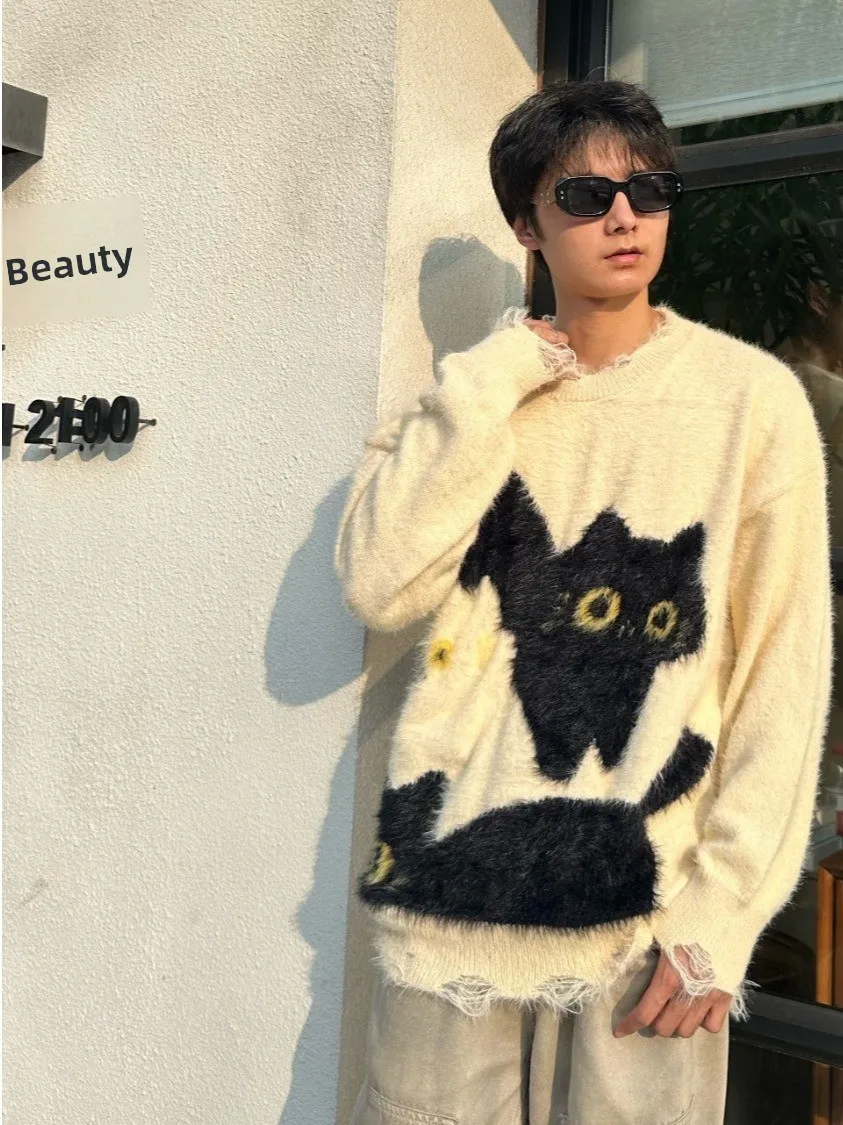 

Американский винтажный джинсовый тюнер с предварительной талией, мужской повседневный свободный крой, длинный вязаный свитер с рисунком свека на осень и зиму