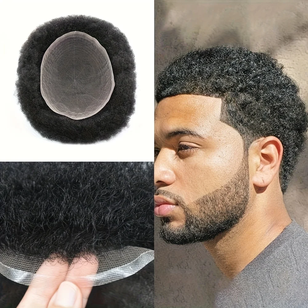Men's Toupee Indian Remy Human Hair Wig - Natural Afro Curly/Kinky Texture, Hight Density Breathable Swiss Transparent Lace