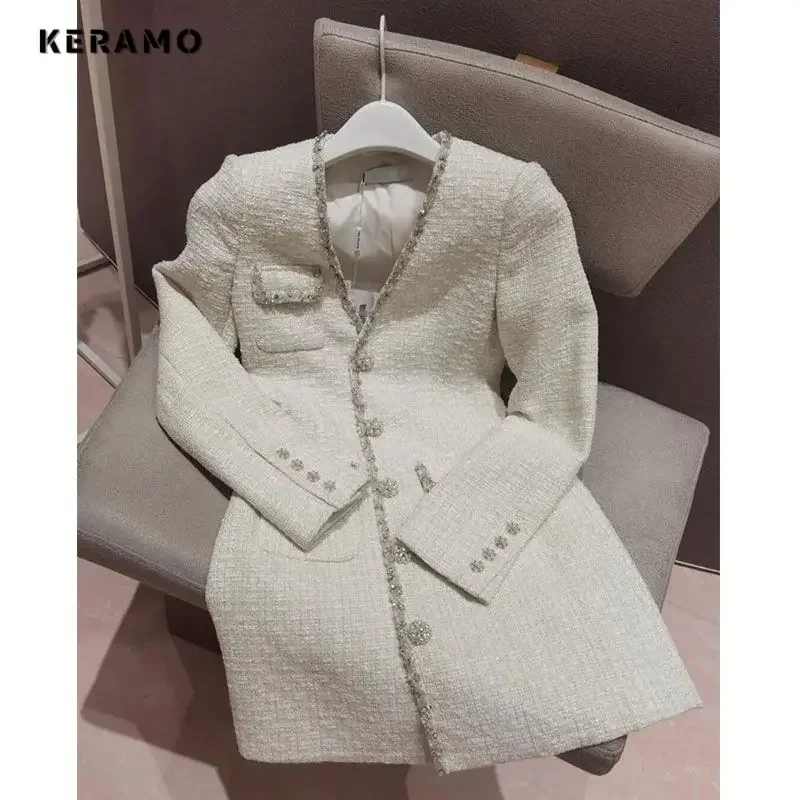 

2025 Spring Lady Luxury Vintage Long Sleeve Pearls White Dresses For Women Elegant Casual V-neck Pocket A-Line Evening Dress