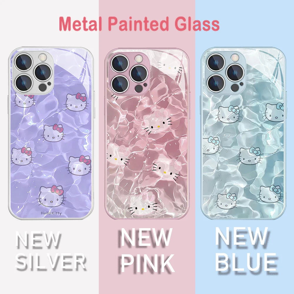 Summer Swim Hello Kitty Metallic-Color Phone Case For iPhone X XR XS 16 15 14 13 12 Mini 11 Pro Max 7 8 SE 20 Plus Glass Cover