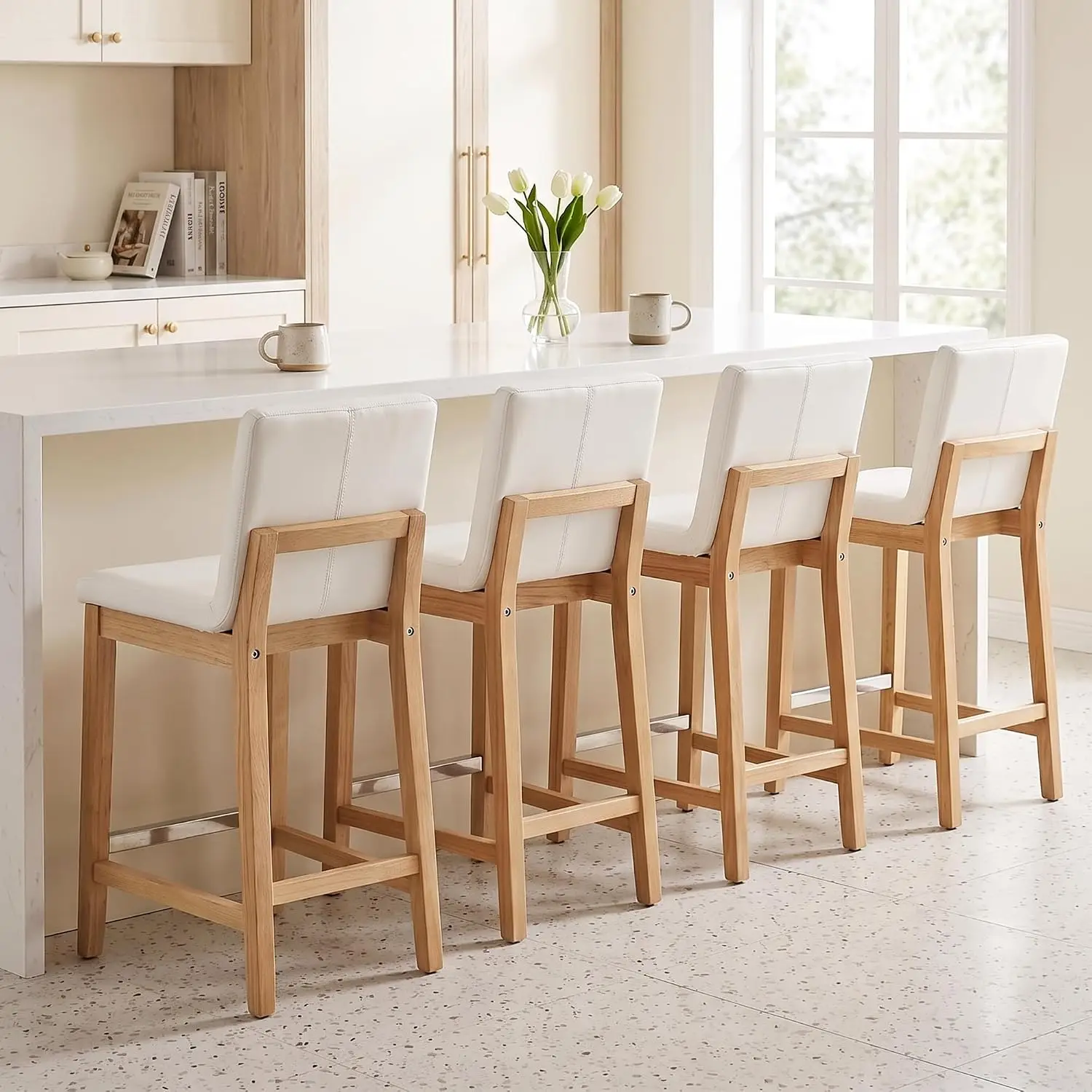 Faux Leather Bar Stools 4-Pack with Back, Distressed Wood Legs, 26