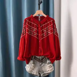 Vintage Blouse for Women Tops 2024 Spring Japanese Harajuku Fashion Long Sleeve Dark Red Embroidered Plaid Shirts