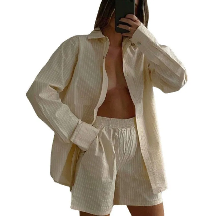 Women Striped Print Two Piece Short Sets Casual Blouse Button Long Sleeve Shirts Lady Elastic Waist Shorts Suit Sporty