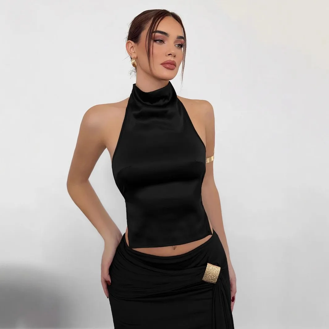 Halter Neck High Neck Cropped Top with Halter Straps Medium Stretch Slim Fit Private Celebrity Sweet Summer Tanks Top for Women