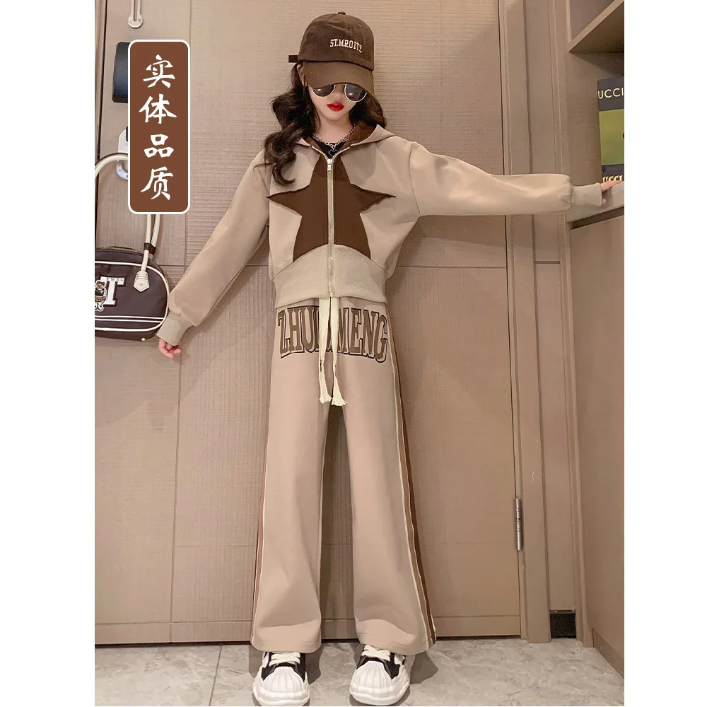 Spring Autumn Children Girl Clothes Sets School Girl Contrast Hooded Sweat Jacket+Letter Wide-leg Pants Set Girls 4-12 Years Old