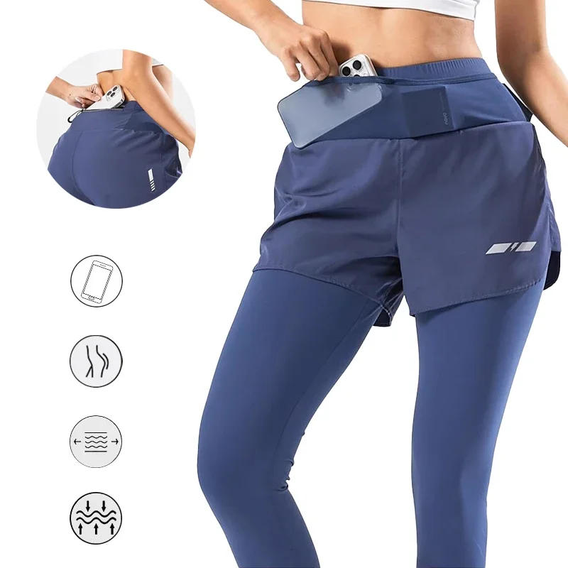 (M-2XL)Women Quick Dry Mock Two-Piece Marathon Running Pants Yoga Fitness Leggings with Wrap-around&Back Zipper Phone Pocket