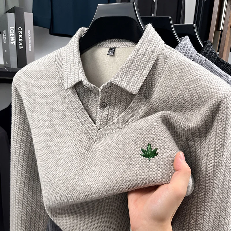 High-End Man Long-Sleeved Polo Shirt False Two-Piece Lapel Button Leaf Embroidery Thicken Fleece-Lined Winter Leisure Men's Wear