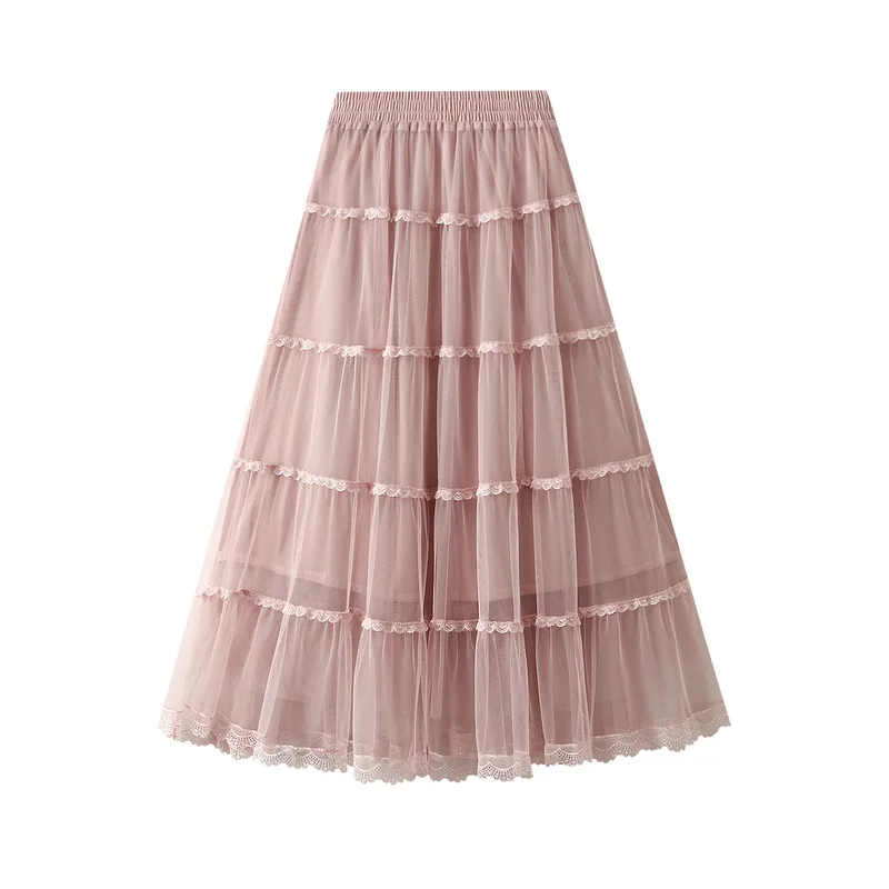 2024 Fashion High Elastic Women Tulle Ruffle Skirt Multi Layer Patchwork Lace Cake Big Swing Midi Long Skirts