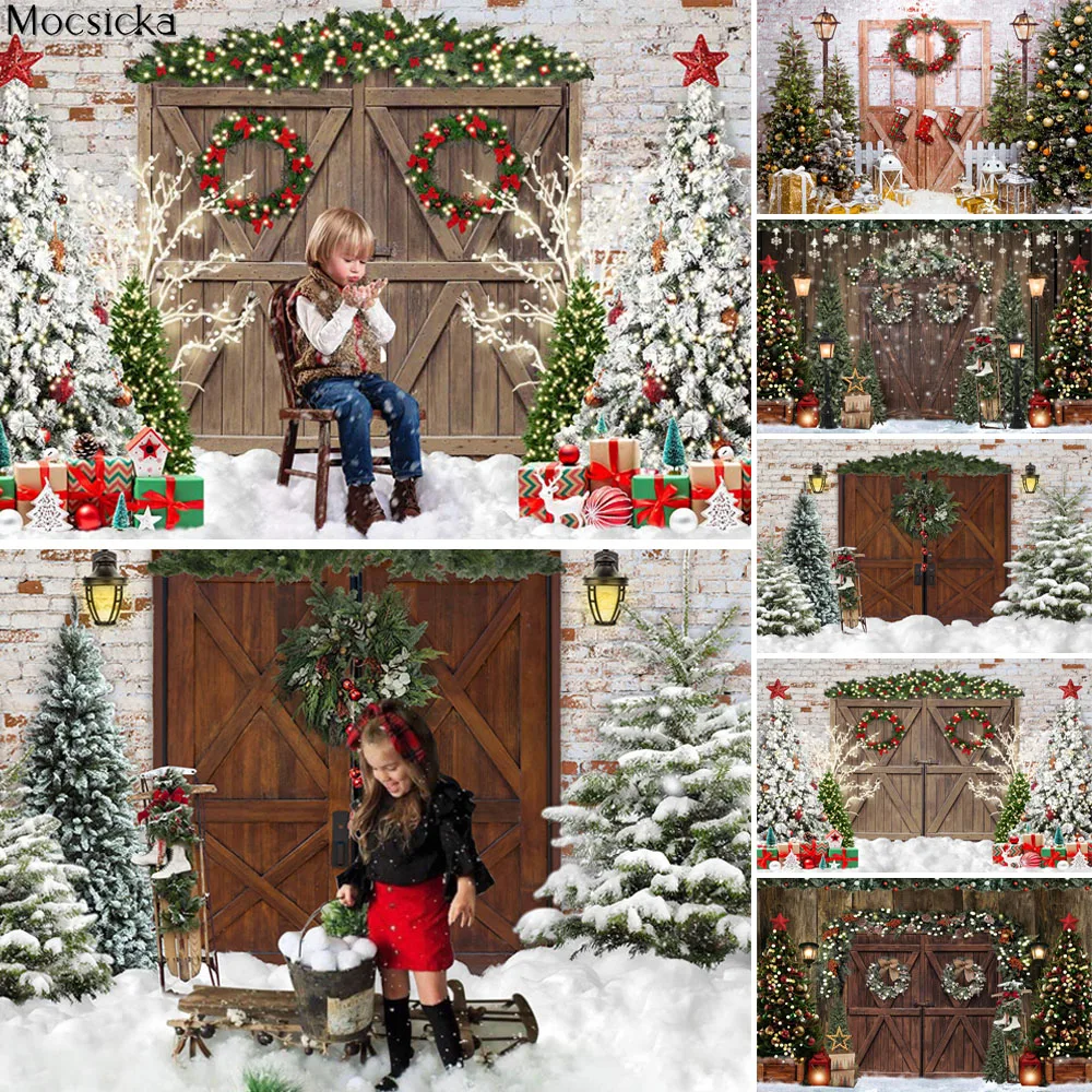 

Christmas Rustic Wooden Door Photography Backdrops Winter Snow Xmas Tree Photocall Kids Portrait Birthday Party Photo Background