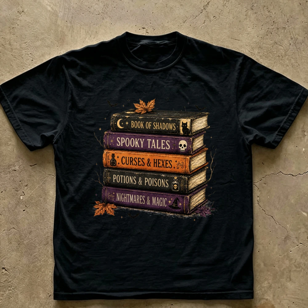 Spooky Magic Book Stack Graphic T Shirt Vintage Halloween Witchy Books Book of Shadows Potions Spooky Tales Maple Leaf Skull Cat