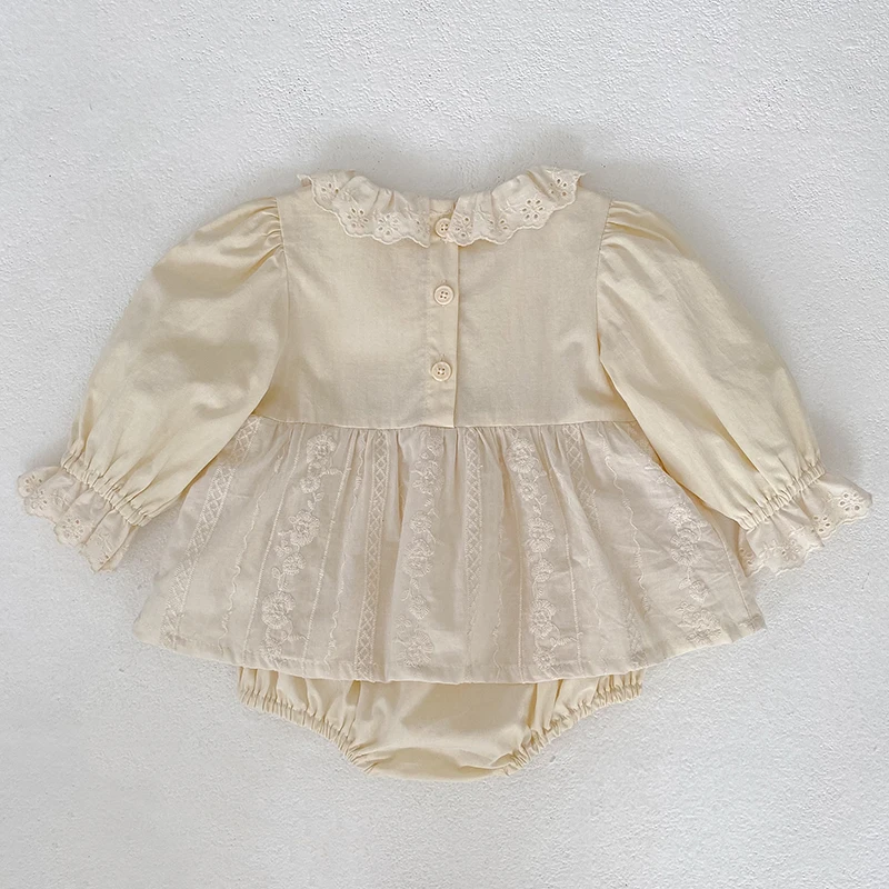 Baby-Mädchen-Strampler im Vintage-Stil mit Spitze, Rüschenkragen, langen Ärmeln, Baumwollrock mit Stickerei, Body, Neugeborenen- und Säuglings-Prinzessinnen-Outfit, 0–24 Monate. – Detail 6