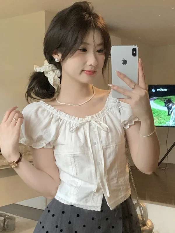 เสื้อลูกไม้ฝรั่งเศสหรือเสื้อสเว่ดีไซน์ฟองสีขาวหรือเสื้อผ้าฝ้ายระบายอากาศได้ดีผ้ากอซกลมกระดุมด้านหน้า