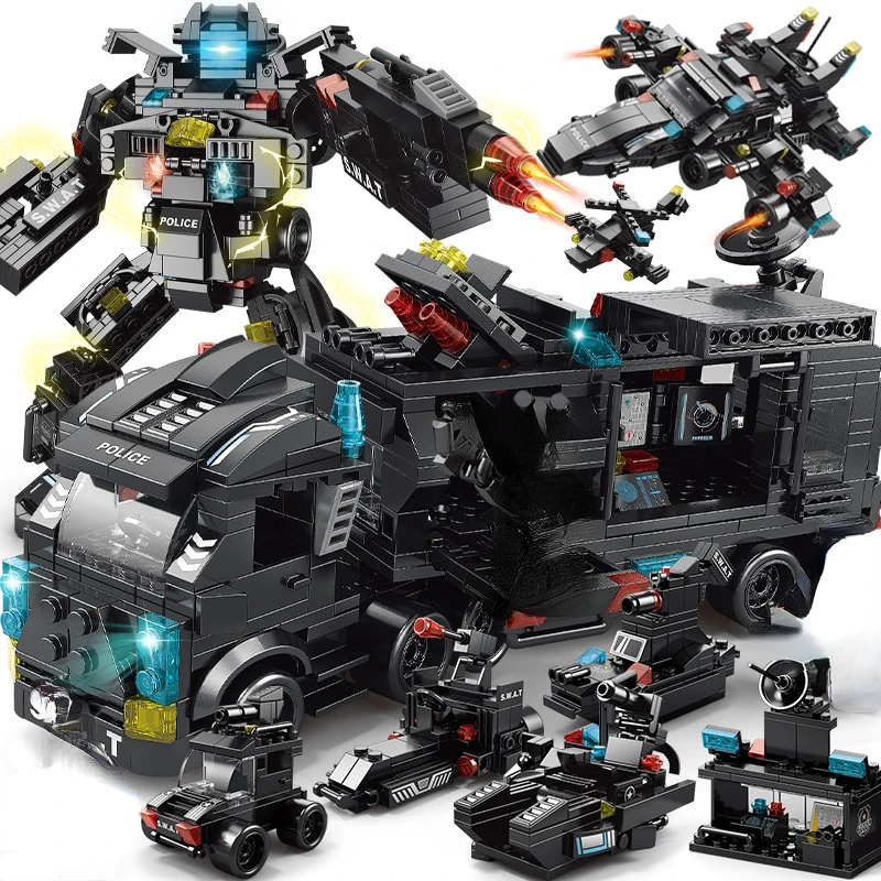 

City Police Headquarters Transformable Building Blocks Set Multi Shapes Police Car Robot Bricks Model Assembly Toy Gift