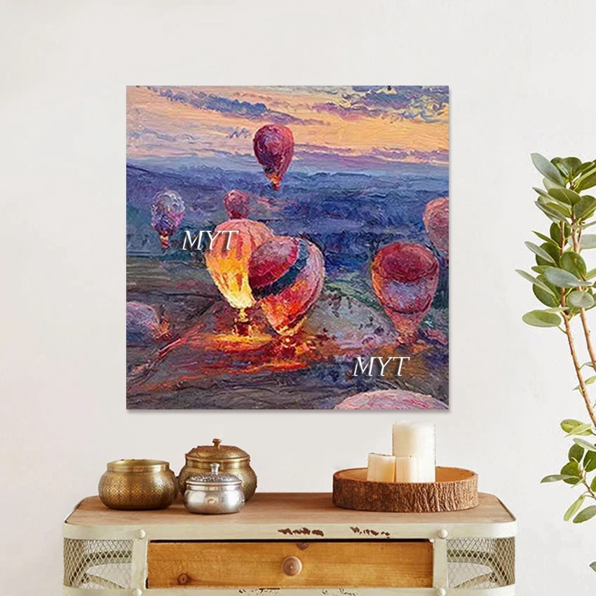 Beautiful Modern Evening Scenery Art Abstract Wall, Cheap Canvas Picture No Framed, Hot Air Balloon Design Textured Oil Painting