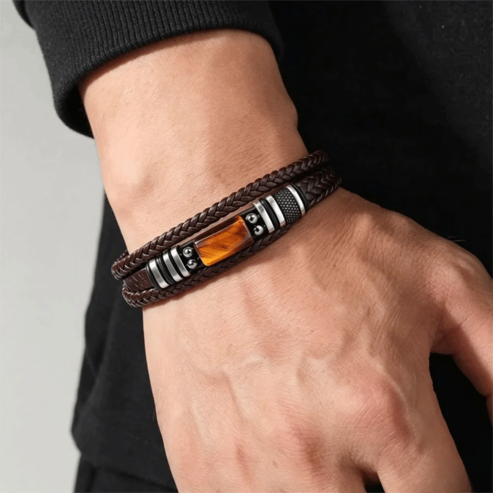 Wristband Bracelet Multi-Layer Tiger Eye Stone Bracelet Braided Retro Leather Bracelet Handmade Adjustabl Beaded Bracelet Men