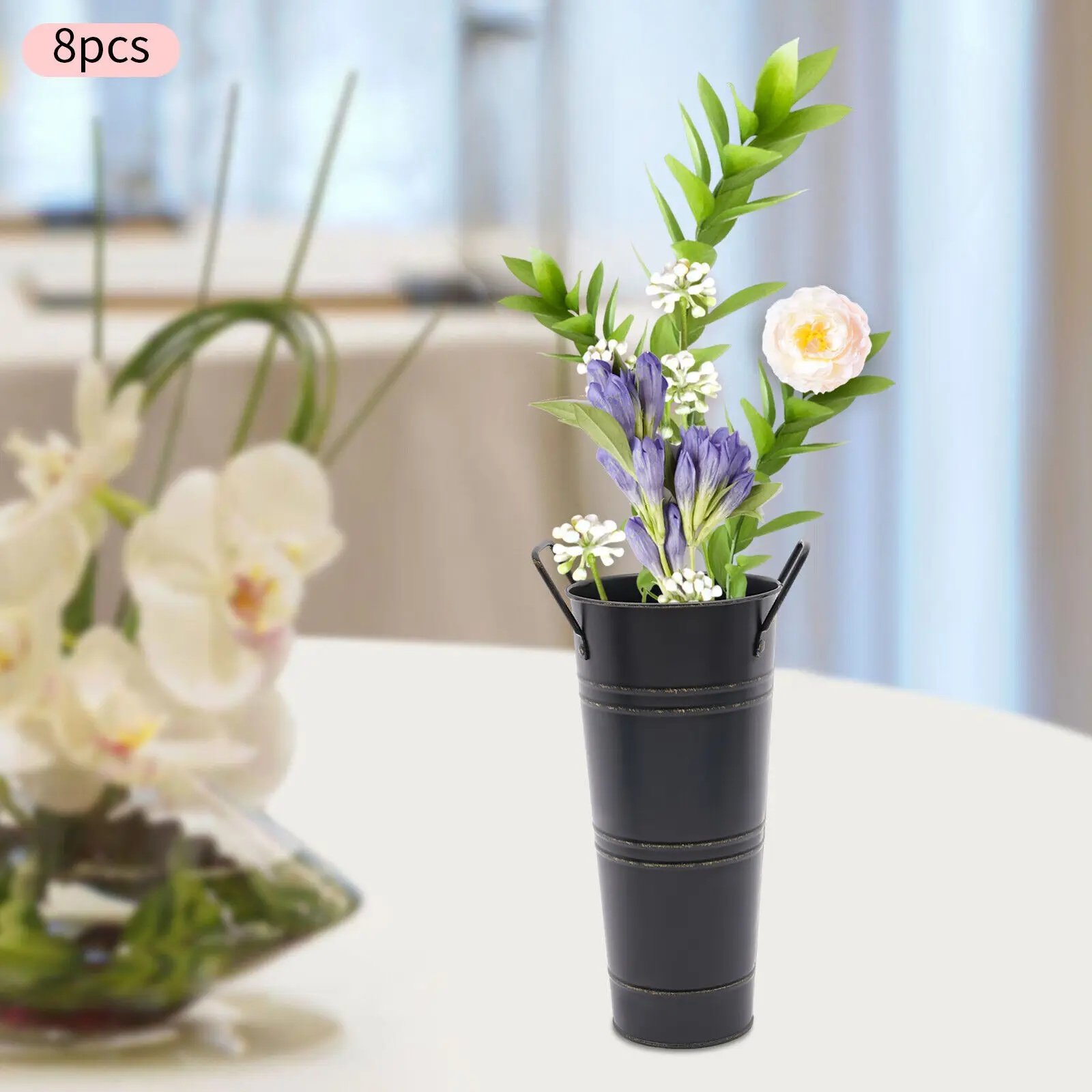 8PCS Galvanized Metal Vases Flower Bucket Vases, Black Flower Vases for Bouquet