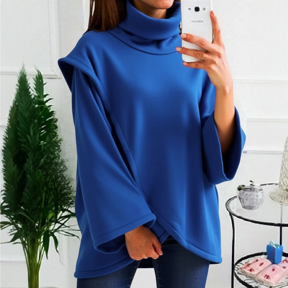 

UNIKTEE Women's Autumn Winter Sweater Chic Solid Color Asymmetrical High Neck Cloak Sleeves Comfortable Top for Casual Wear