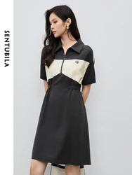 SENTUBILA Contrast Spliced Polo Collar Dress 2024 Summer Half Zipper Letter Embroidery A-line Short Sleeve Dresses 142L54534