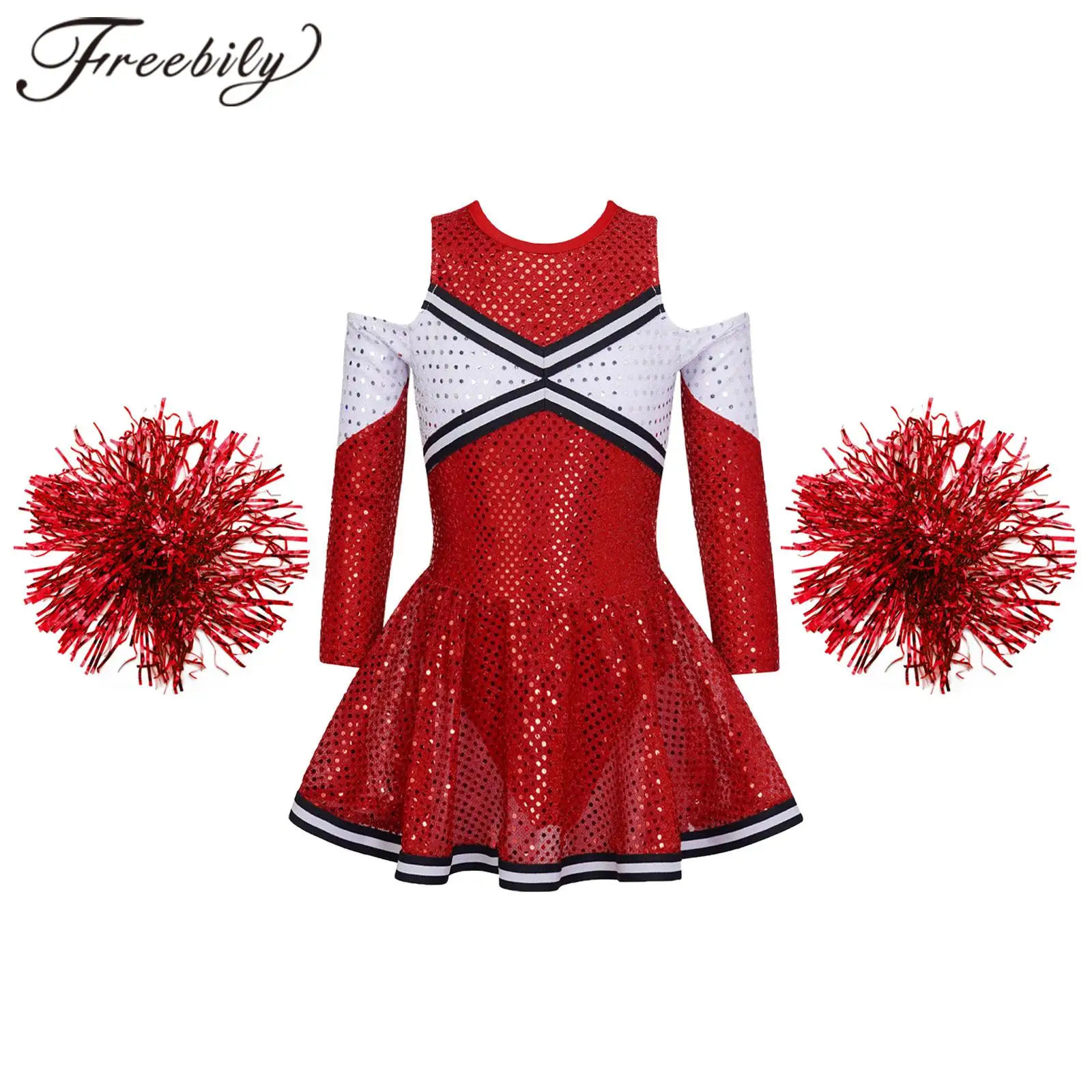 Kids Cheerleader Costume Dance Dress With Flower Balls Set for Cospaly School Girls Cheerleading Uniforms Performance Dancewear