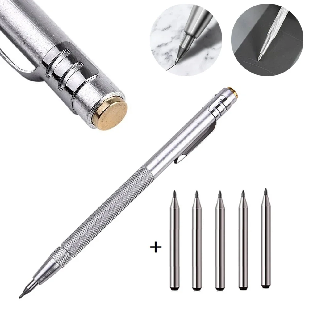 Penna per marcatura diamantata da 14 cm Punta in carburo di tungsteno Manico in alluminio zigrinato per utensili manuali in vetro ceramico in lamiera di metallo