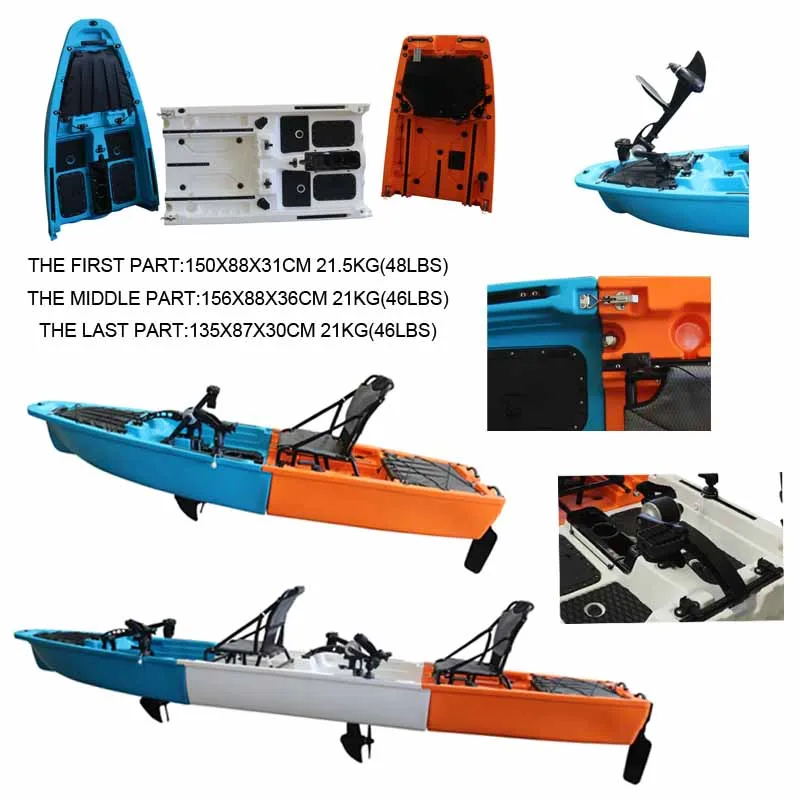 Modular Tandem Kayak, 14ft 2-Person Double Seats, Sectional HDPE Sea Hull, Dual Pedal Drive System, for Lake River Ocean Angling