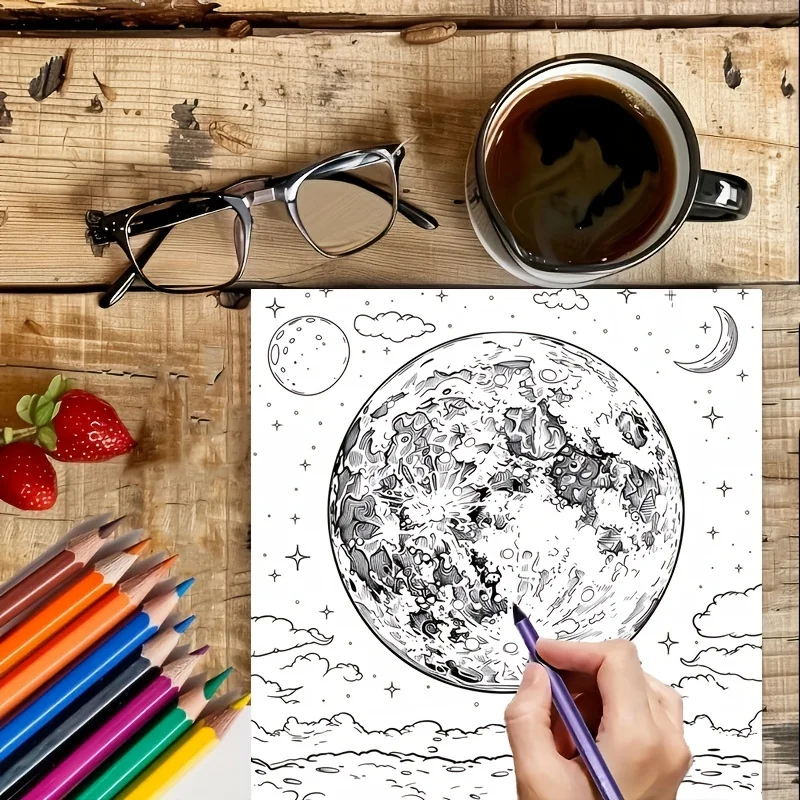 Libro para colorear Mystery Moon de 28 páginas para reducción de estrés para adultos |   Libro para colorear para aliviar el estrés y reducir el estado de ánimo San Valentín