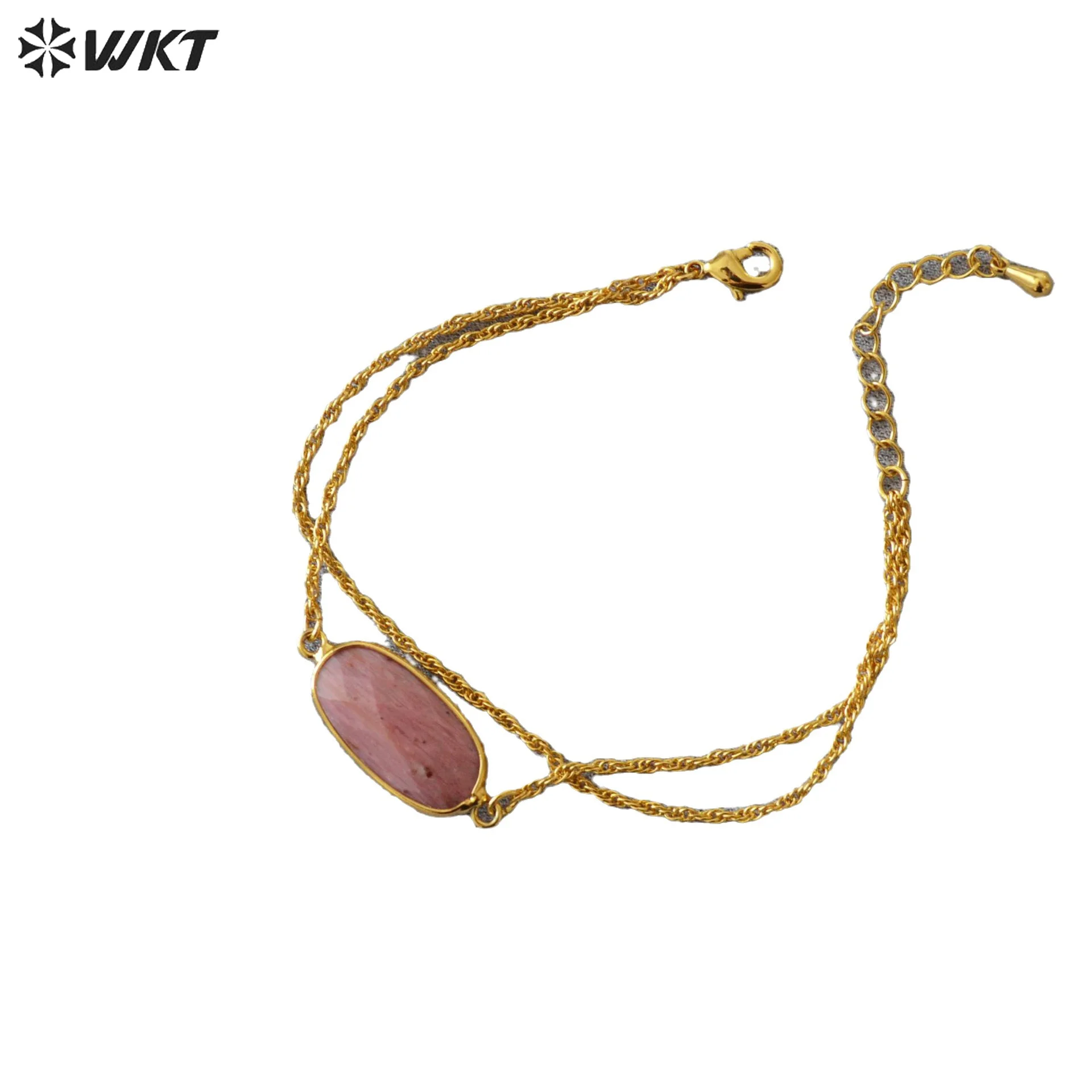 WT-B651 Elegant 18K Real Gold Plated Nickle Free Europe Tiny Connect Rhodonite Stone Bracelet Double Layer Women Chain Wrist