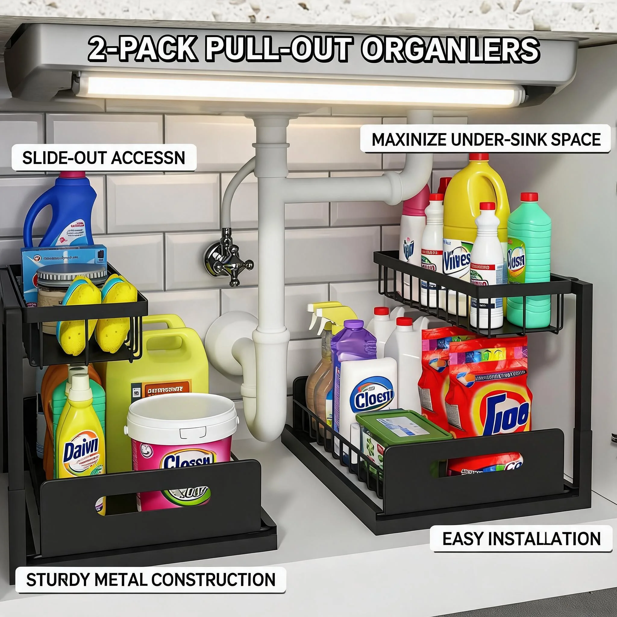 2 Pack Under Sink Organizer, 2-Tier Heavy Duty Pull Out Shelf and Drawer, Space Saving Under Sink Cabinet Storage Rack for Kitchen Bathroom Pantry, Plastic Metal Frame, Maximize Cabinet Space