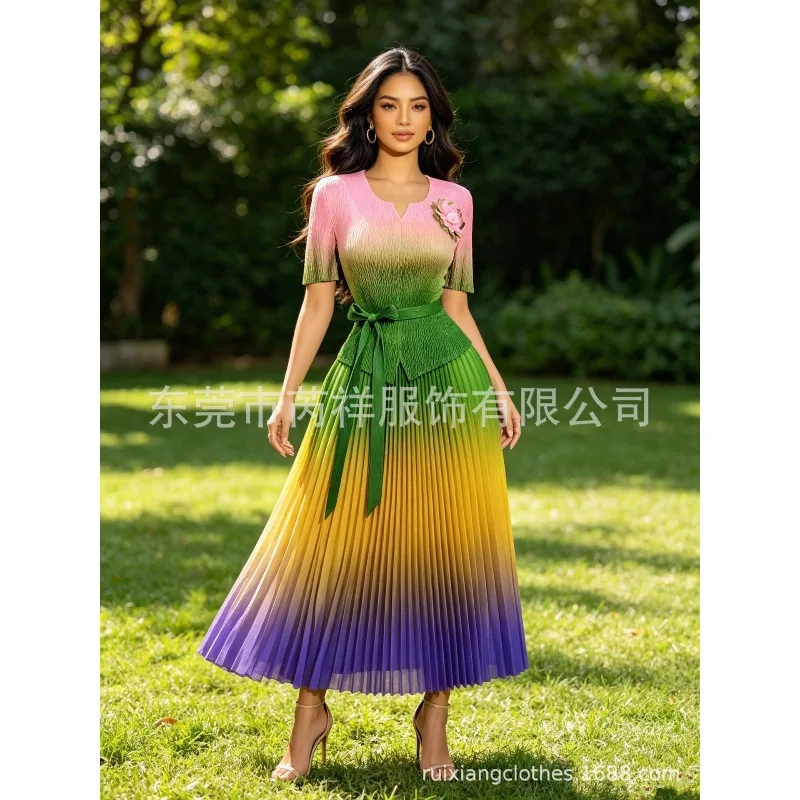 

Miyake Pleated Plus Size Dresses Plisse 2026 Summer New Fold Fashion Three-dimensional Floral Elegant Rainbow Pleats Long Dress