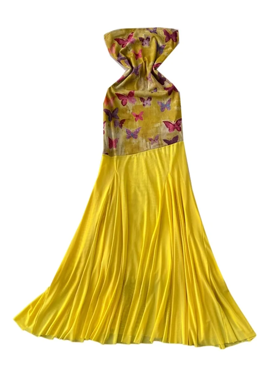 Foamlina Nowa Elegancka Sukienka Maxi Bez Ramiączek z Nadrukiem Motyli, Letnia Sukienka Syrenka z Siateczkowymi Wstawkami, Wyszczuplająca w Talii