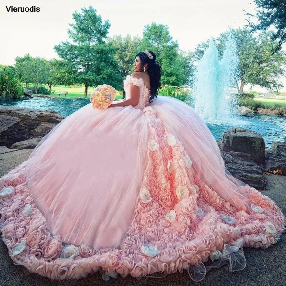 

Pink Quinceanera Dresses with 3D Flower Embriodery Sweetheart Tulle Ball Gown Sweet 16 Dress vestidos de 15 años 2021