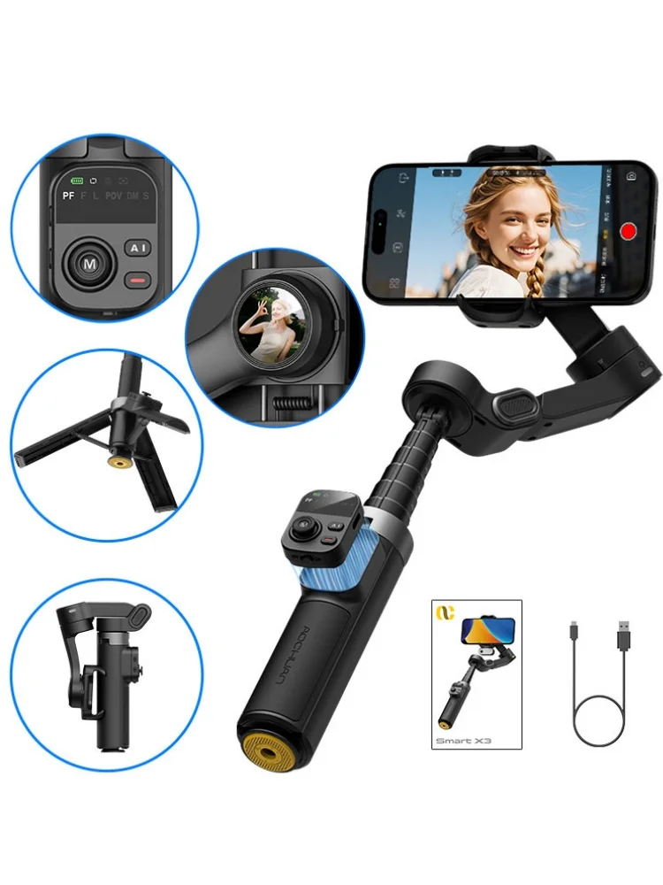 AOCHUAN Smart X3 360 °   Pan Rotation Gimbal-Stabilisator für iPhone und Android-Smartphones, 3-Achsen-Stabilisator mit integrierter Verlängerungsstange und ein-Tasten-Stativöffnung, faltbarer