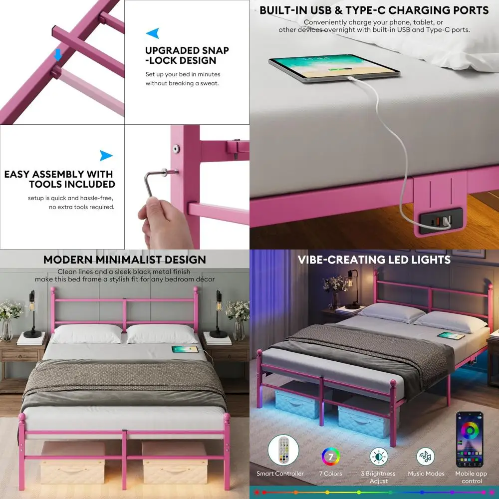 

Pink Metal Queen Bed Frame with Headboard, LED Lights, Charging, Storage, and Steel Slat Support - No Box Spring Needed, Easy As