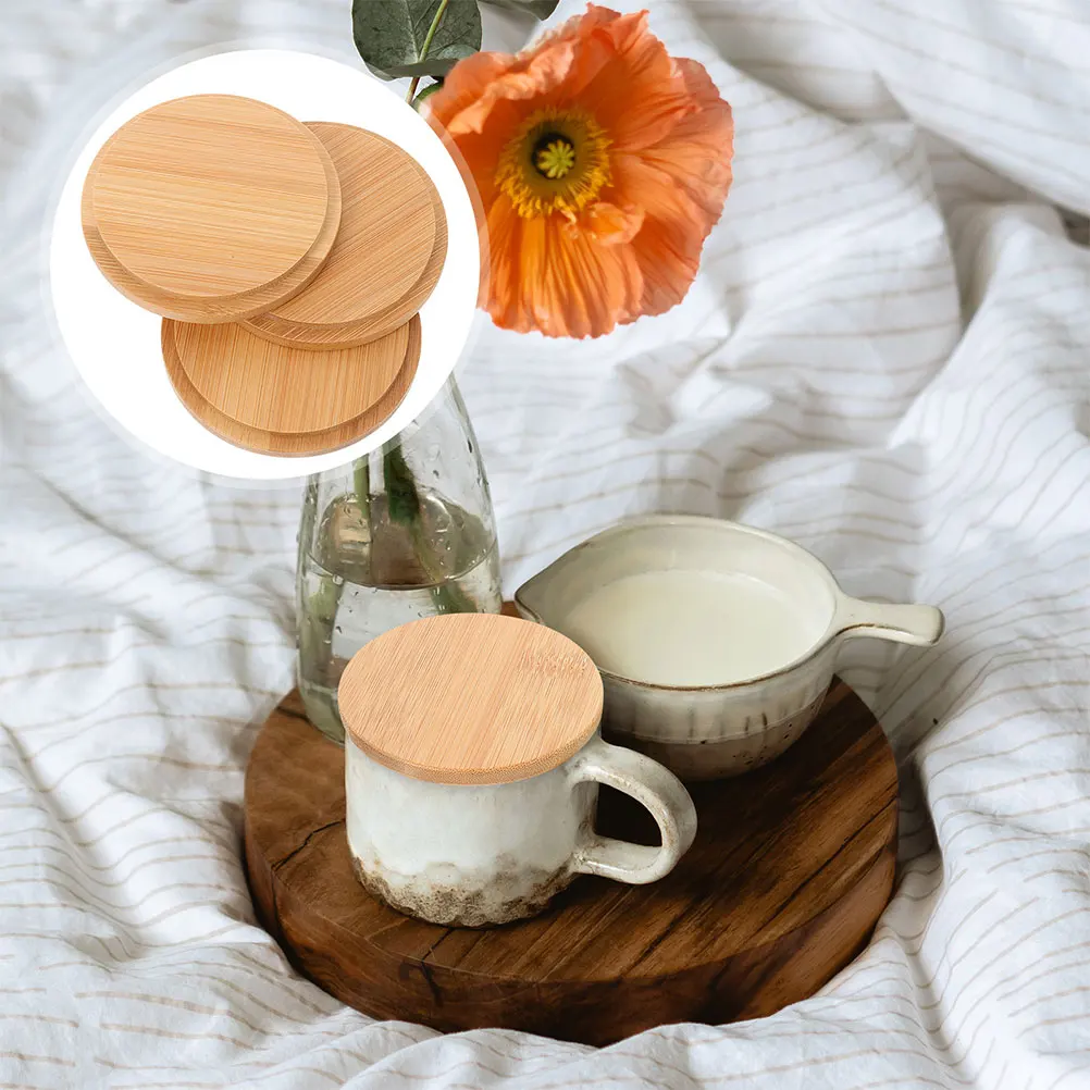 

4 Pcs Lid Water Coffee Leak Mug Bamboo Cup Lid Covers Proof Travel Mug Covers Kitchen Bar Accessories