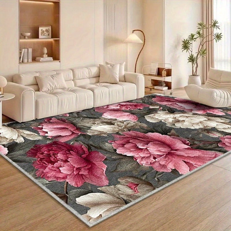 Dark Background Pink White Peony Painting Floral Print Large Area Rug Soft Flannel Non Slip Floor Carpet for Living Room Decor