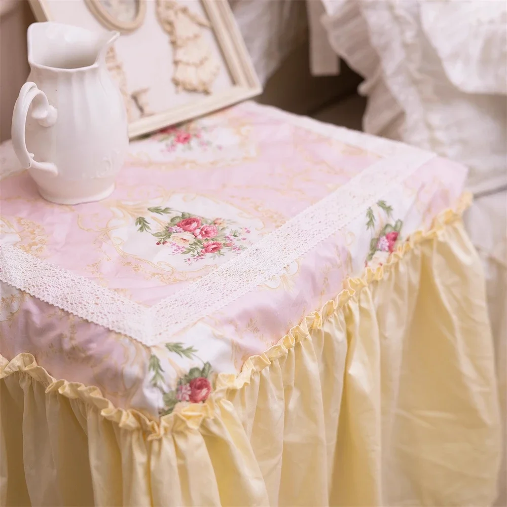 Palace French Cream Floral Dust Cover Blue Pink Lace Ruffled Bedside Table Cover Home Bedroom Decorative Tablecloth