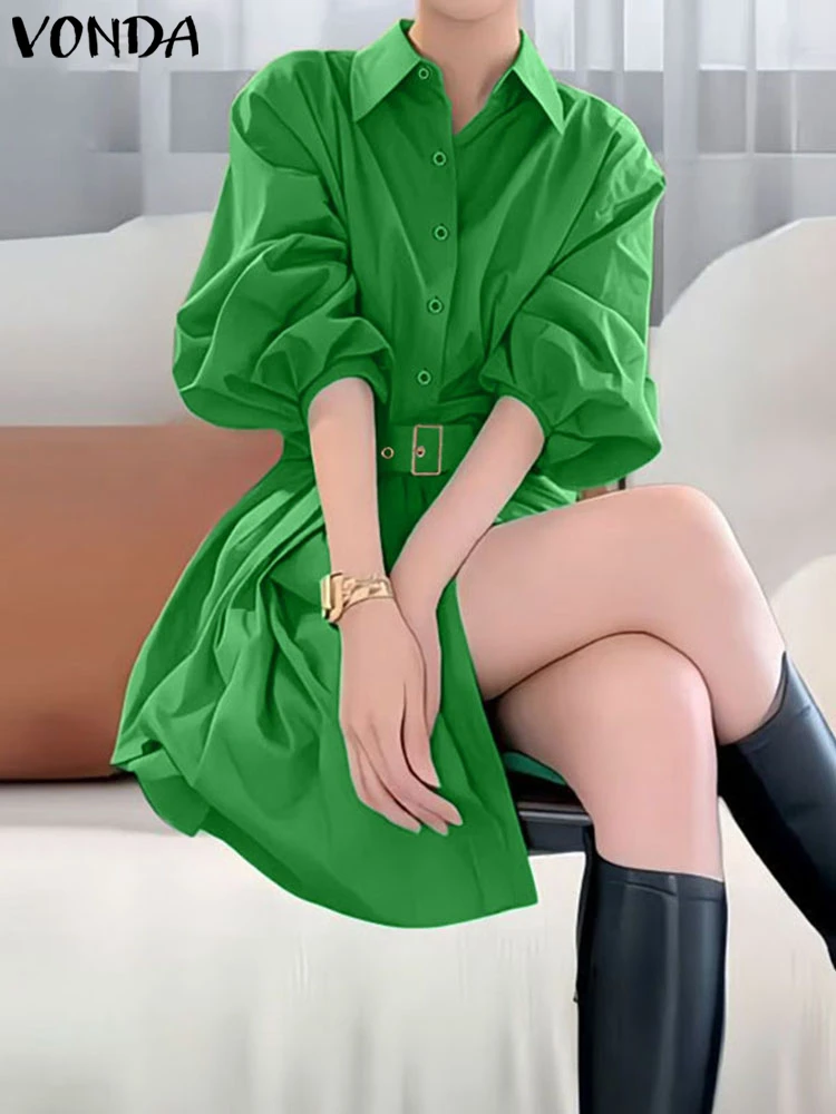 

2025 VONDA Fashion Women Dress 3/4 Sleeve Mini Sundress Belted Autumn Lapel Casual Solid Shirt Vestidos Loose Elegant Party Robe