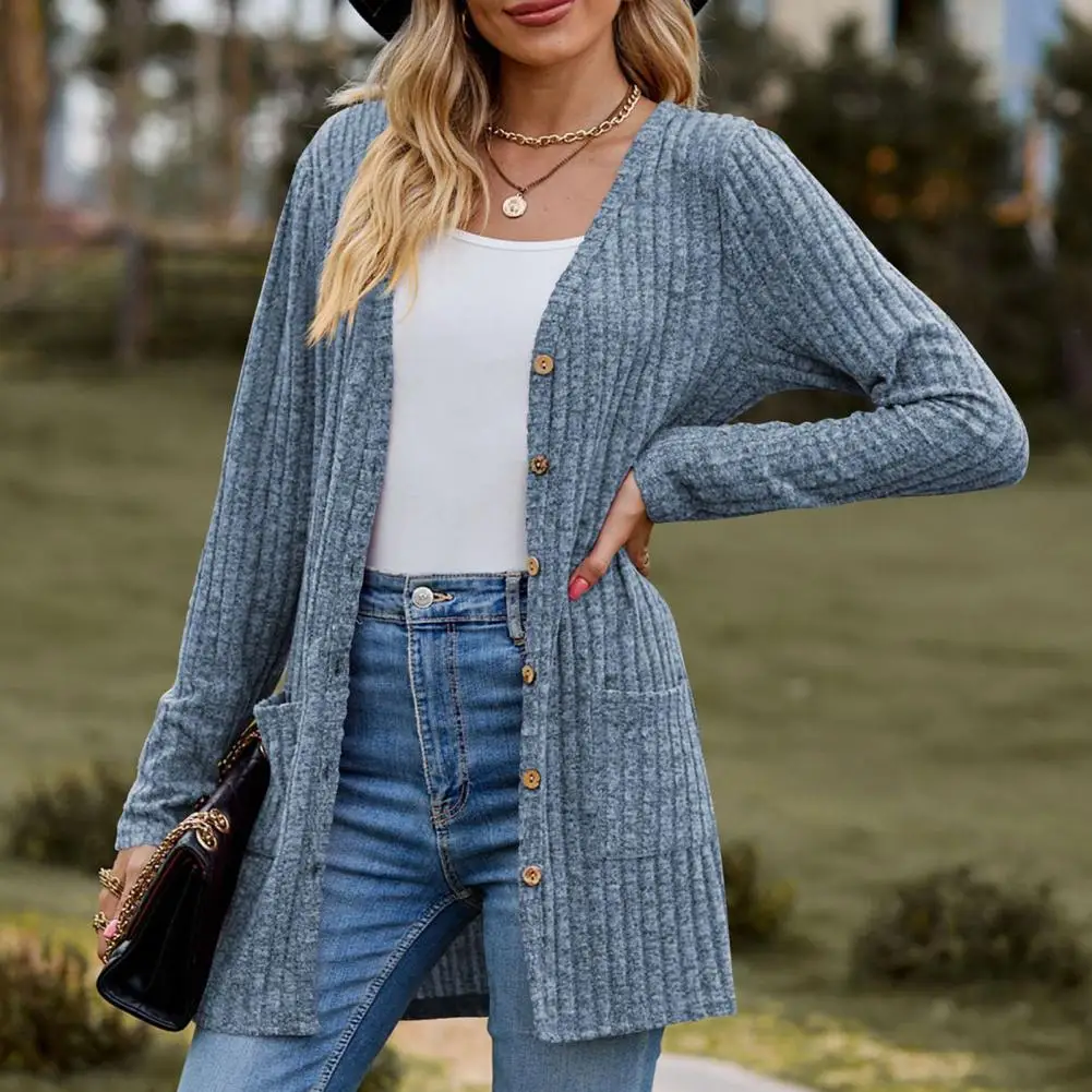 

Pockets Coat Elegant Knitted Women's Winter Coat with Soft Pockets Anti-pilling Warmth Stylish Single-breasted Long for Fall