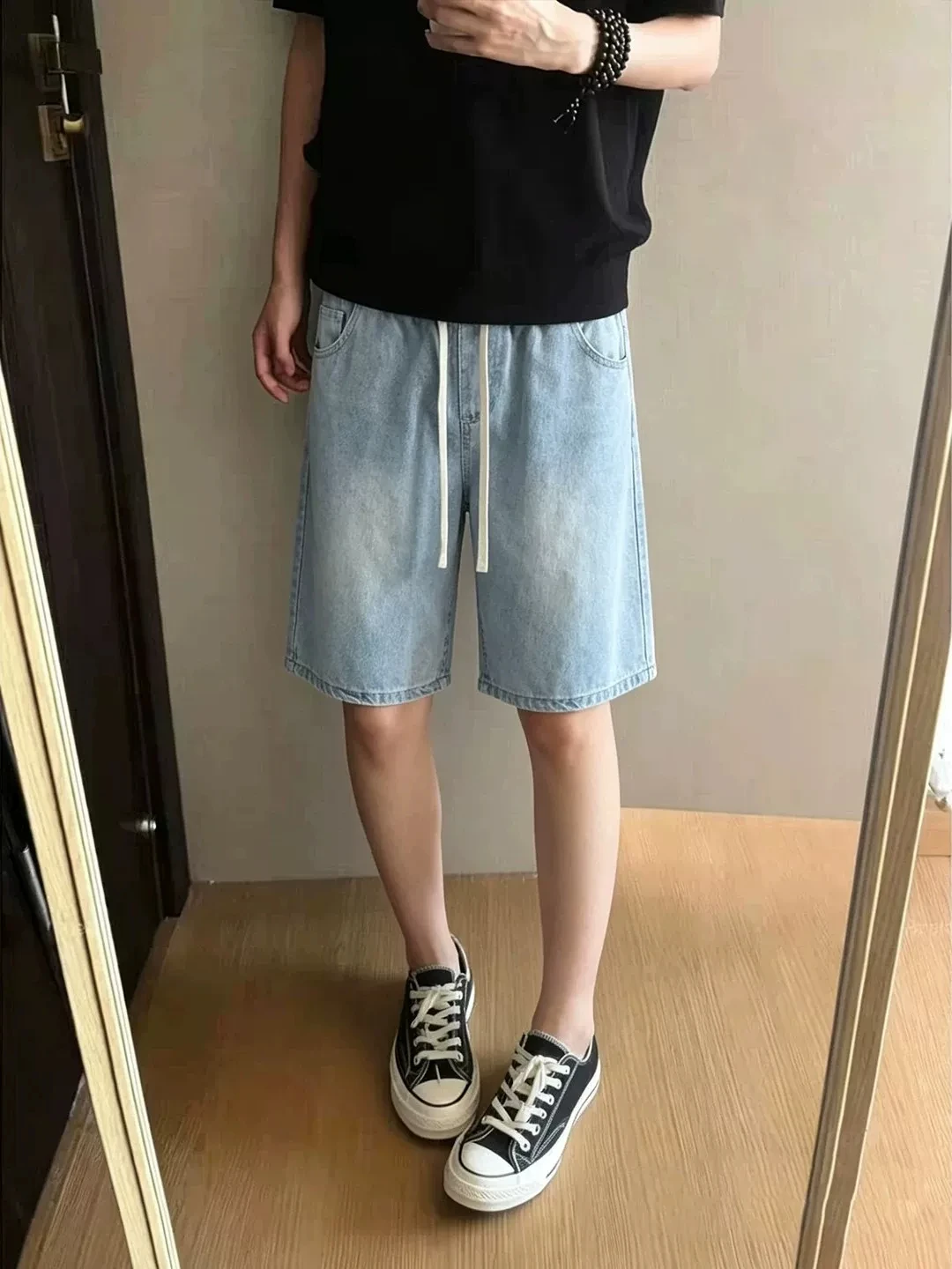 Light Blue  Cooling Denim Shorts Men's Summer Outdoor Wear Straight Loose Five-Point Pants Elastic Waist Vintage Style