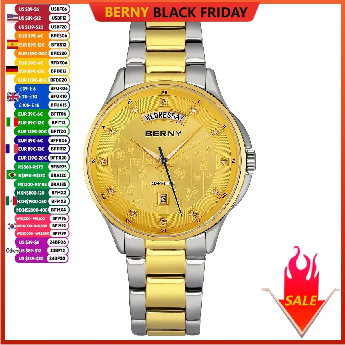 BERNY Golden Watches for Men Luminous Date Weeks Sapphire Quartz Men Watch Good Fortune and Blessings for Friend Father Gift