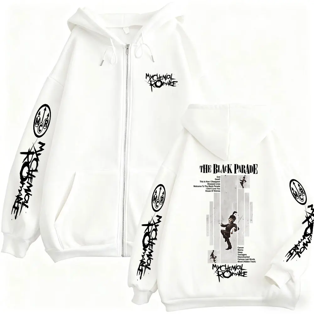 سترة بانك إيمو روك ماي كيميكال رومانس ذا بلاك باريد بغطاء للرأس بسحاب للرجال والنساء كاجوال كلاسيكية كبيرة الحجم بسحاب