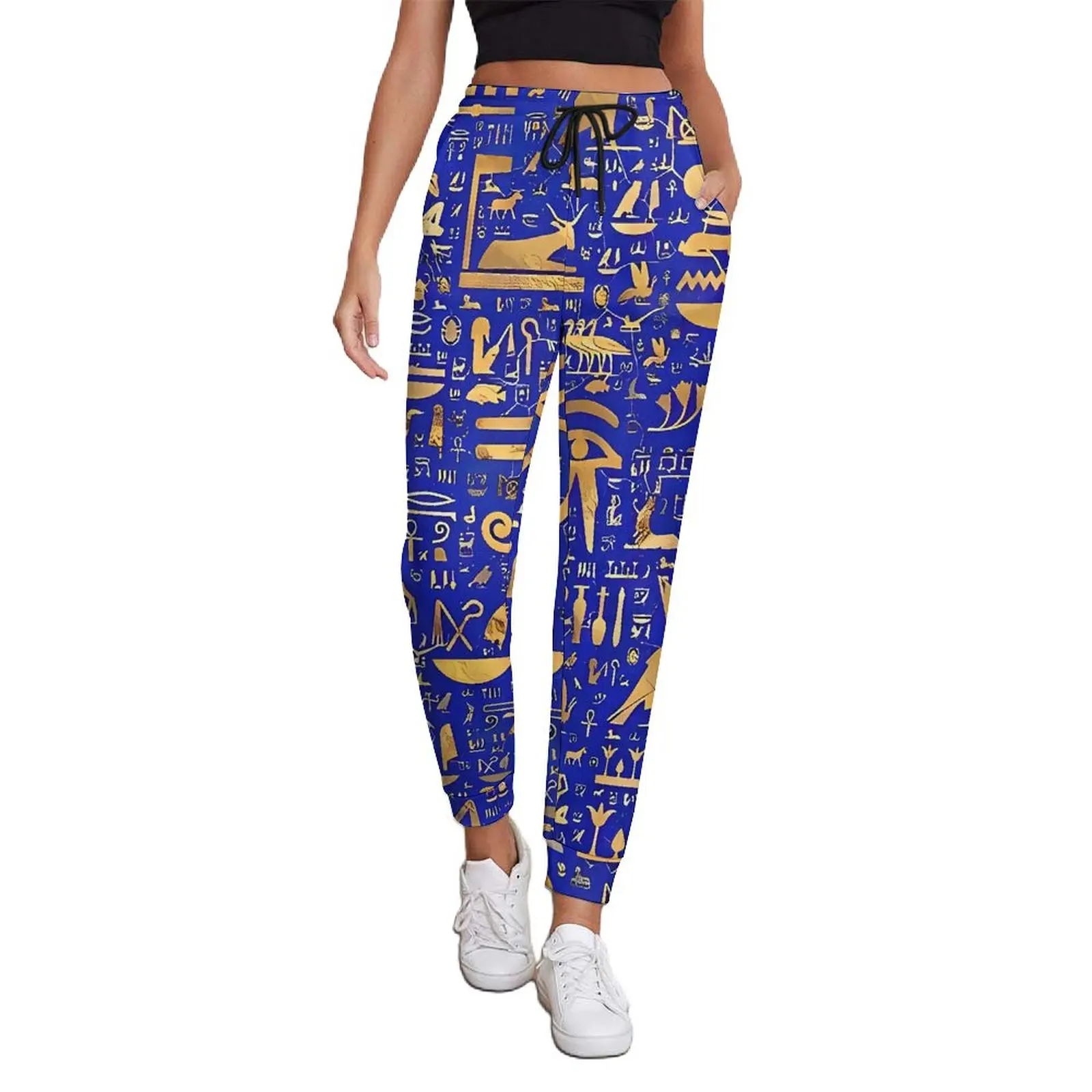 Ancient Egyptian Art Pants Women Blue and Gold Casual Sweatpants Autumn Design Streetwear Oversize Trousers Birthday Present