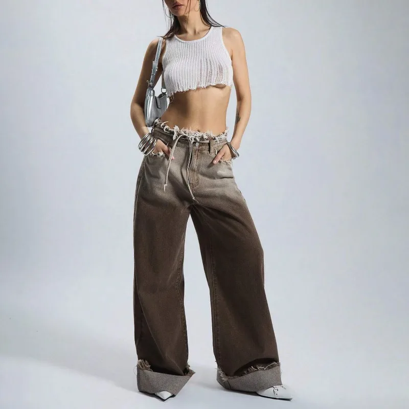 المرأة التدرج المتوترة شارع العليا شرابة الهيب هوب الرجعية مستقيم غسلها الجينز خمر الطابق فضفاض عادية واسعة الساق الدنيم السراويل