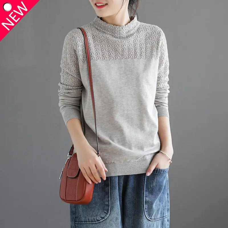 

Fashionable Versatile Sweater Women's Top Autumn and Winter New Hollow Out Solid Color Half High Neck Long Sleeve Pullover